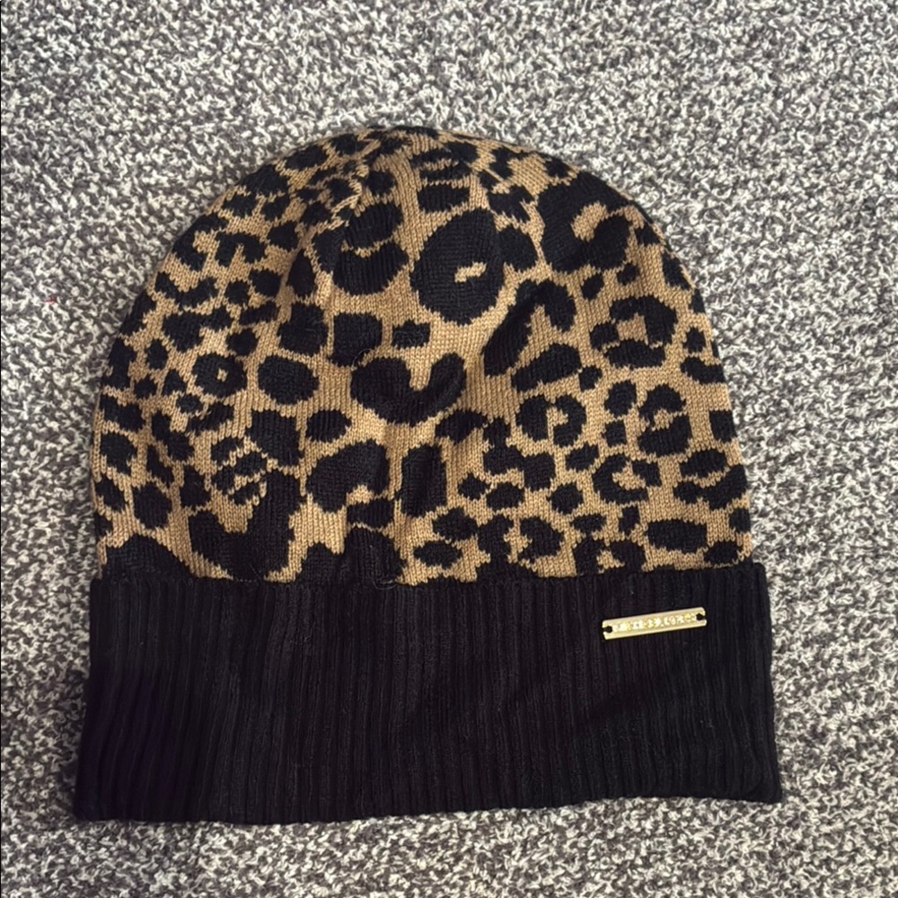Michael Kors Leopard Print Knit Beanie in Tan and Black - Picture 8 of 8